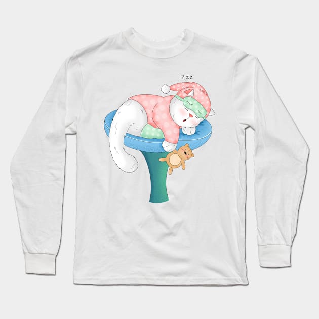 Cute Cat Sleeping On A Cat Tree Long Sleeve T-Shirt by Athikan